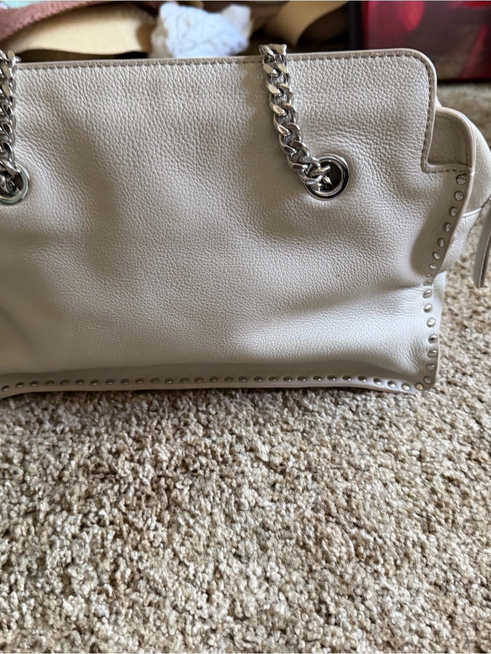 Women’s Cream Leather Tote Bag with Chain Straps